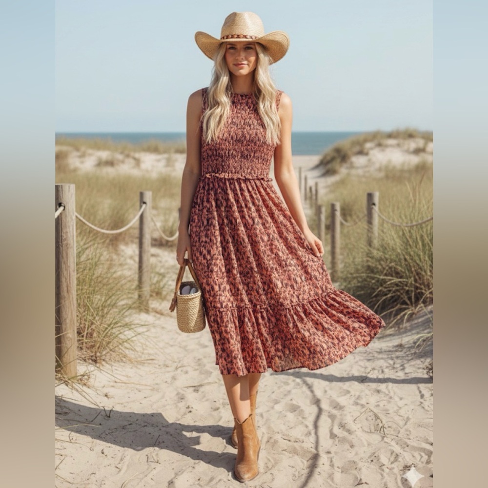 beachlunchlounge Rust Floral Midi Dress